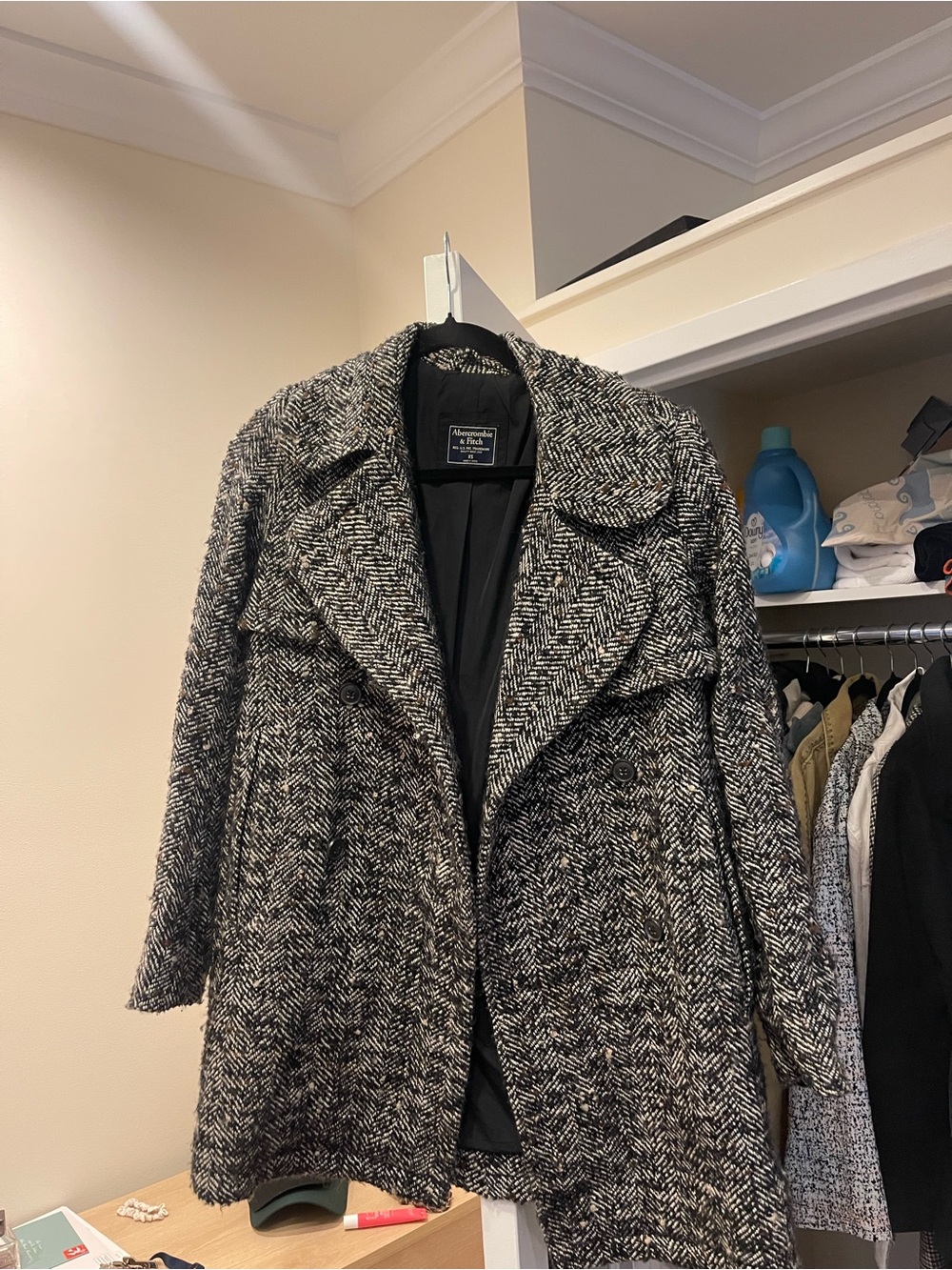 Abercrombie & Fitch Black and White Herringbone Pea Coat